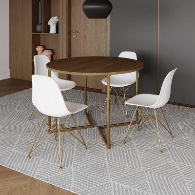 Mesa Jantar Industrial Redonda 110Cm Amêndoa Base V Dourada C/4 Cadeiras Brancas Base Cor: Amendoa