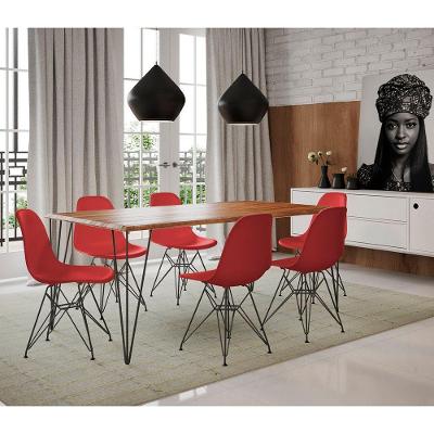 Conjunto De Mesa Clips De Ferro Preto Tampo Amêndoa 135X75 6 Cadeiras Preta Assento Vermelho