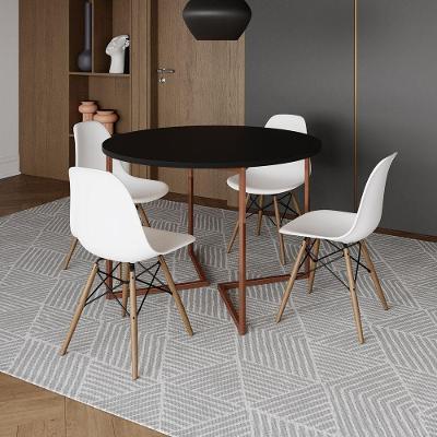 Mesa Jantar Industrial Redonda 110Cm Preta Base V Cobre C/4 Cadeiras Branca Base Madeira Cor: Preto