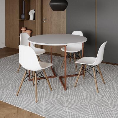 Mesa Jantar Industrial Redonda 110Cm Branca Base V Cobre C/4 Cadeiras Branca Base Madeira Branco