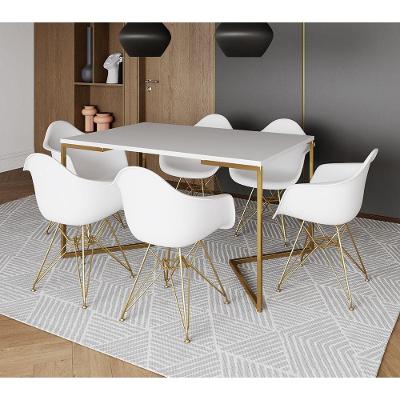 Mesa Jantar Industrial Branca 137X90Cm Base V Com 6 Poltronas Daw Brancas Base Dourada Cor: Branco