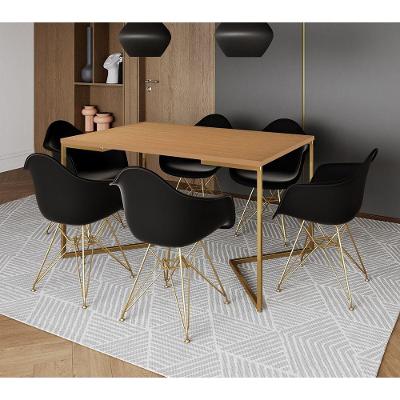 Mesa Jantar Industrial Canela 137X90Cm Base V Com 6 Poltronas Daw Pretas Base Dourada Cor: Canela