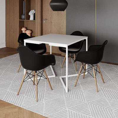 Mesa Jantar Industrial Quadrada 90Cm Branca Base V Ferro Branco Com 4 Poltronas Pretas Cor: Branco