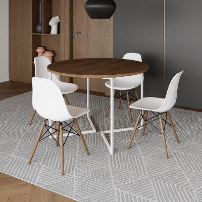 Mesa Jantar Industrial Redonda 110Cm Amêndoa Base V Ferro Branco C/4 Cadeiras Branca Base Ma Amendoa