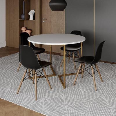 Mesa Jantar Industrial Redonda 110Cm Branca Base V Dourada Com 4 Cadeiras Madeira Preta Cor: Branco