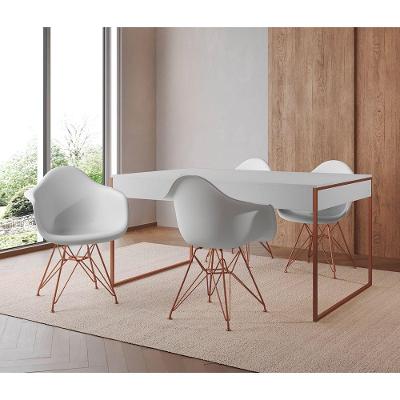 Mesa Jantar Industrial Branca 137X90Cm Com 4 Poltronas Brancas Base Cobre Cor: Branco