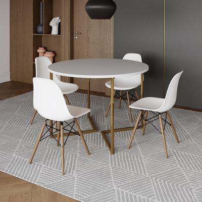 Mesa Jantar Industrial Redonda 110Cm Branca Base V Dourada Com 4 Cadeiras Madeira Branc Cor: Branco