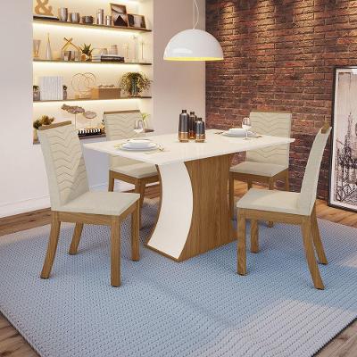 Conjunto Sala Jantar Mdf| Cadeiras Off White C/Nature| Linho