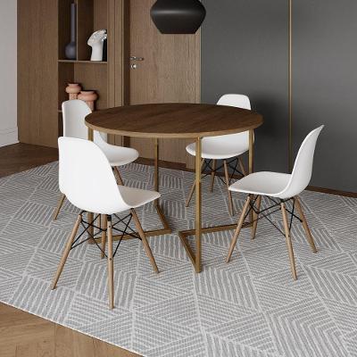 Mesa Jantar Industrial Redonda 110Cm Amêndoa Base V Dourada C/4 Cadeiras Madeira Bran Cor: Amendoa