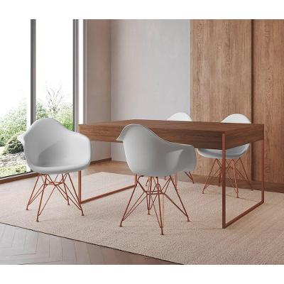 Mesa Jantar Industrial Amêndoa 137X90Cm Com 4 Poltronas Brancas Base Cobre Cor: Amendoa