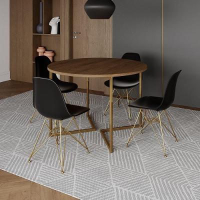 Mesa Jantar Industrial Redonda 110Cm Amêndoa Base V Dourada C/4 Cadeiras Pretas Base Cor: Amendoa