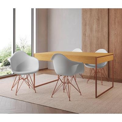 Mesa Jantar Industrial Canela 137X90Cm Com 4 Poltronas Brancas Base Cobre Cor: Canela