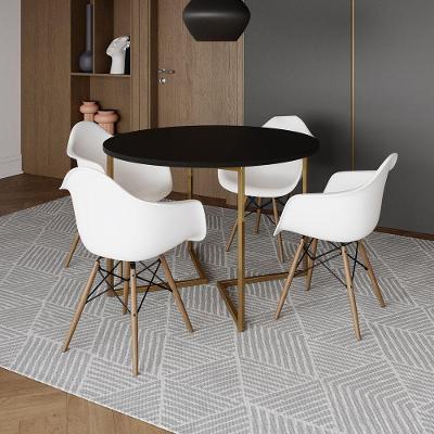 Mesa Jantar Industrial Redonda 110Cm Preta Base V Dourada Com 4 Poltronas Daw Madeira B Cor: Preto