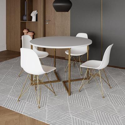 Mesa Jantar Industrial Redonda 110Cm Branca Base V Dourada Com 4 Cadeiras Brancas Base Cor: Branco