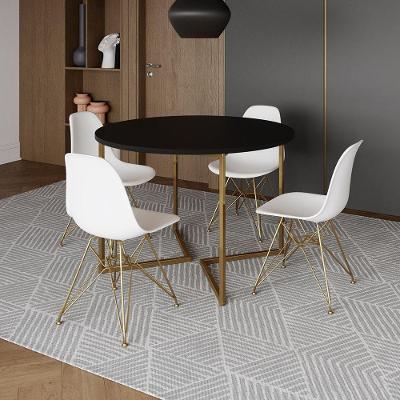 Mesa Jantar Industrial Redonda 110Cm Preta Base V Dourada Com 4 Cadeiras Brancas Base D Cor: Preto