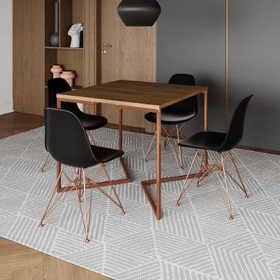 Mesa Jantar Industrial Quadrada 90Cm Amêndoa Base Cobre V C/4 Cadeiras Pretas Pés Cob Cor: Amendoa