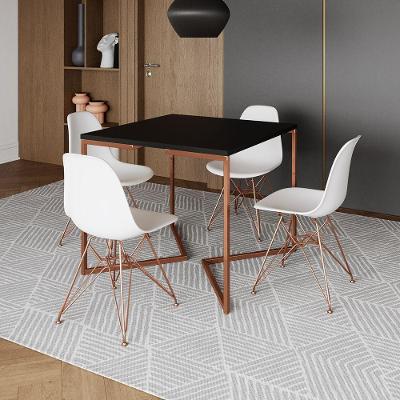 Mesa Jantar Industrial Quadrada 90Cm Preta Base Cobre V Com 4 Cadeiras Brancas Pés Cobr Cor: Preto