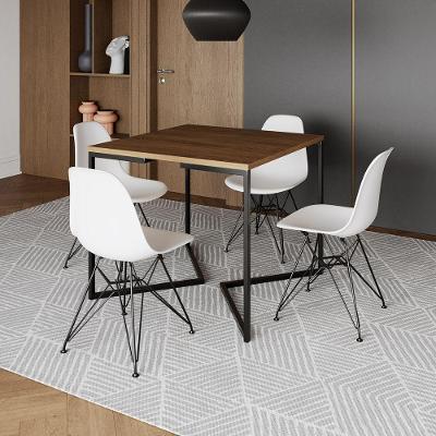 Mesa Jantar Industrial Quadrada 90Cm Amêndoa Base V Com 4 Cadeiras Brancas Ferro Preto Cor: Amendoa