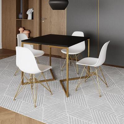 Mesa Jantar Industrial Quadrada 90Cm Preta Base V Com 4 Cadeiras Brancas Base Dourada Cor: Preto