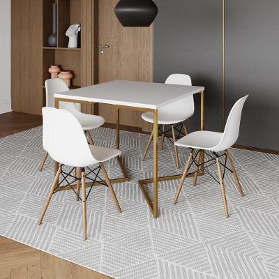Mesa Jantar Industrial Quadrada 90Cm Branca Base V Dourada Com 4 Cadeiras Madeira Branc Cor: Branco