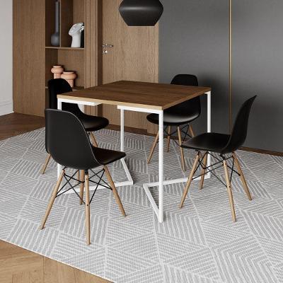 Mesa Jantar Industrial Amêndoa 90X90Cm Base V Ferro Branco C/4 Cadeiras Madeira Preta Cor: Amendoa