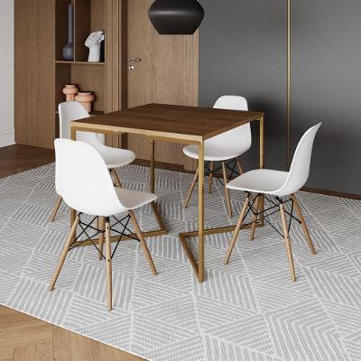 Mesa Jantar Industrial Quadrada 90Cm Amêndoa Base V Dourada C/4 Cadeiras Madeira Bran Cor: Amendoa