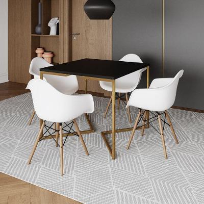 Mesa Jantar Industrial Quadrada 90Cm Preta Base V Dourada Com 4 Poltronas Daw Madeira B Cor: Preto