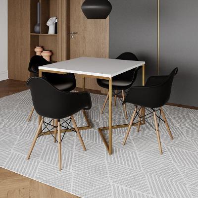 Mesa Jantar Industrial Quadrada 90Cm Branca Base V Dourada Com 4 Poltronas Daw Madeira Cor: Branco