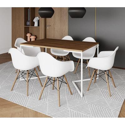 Mesa Jantar Industrial Retangular Amêndoa 137X90Cm Base V Ferro Branco C/6 Poltronas Branca Amendoa