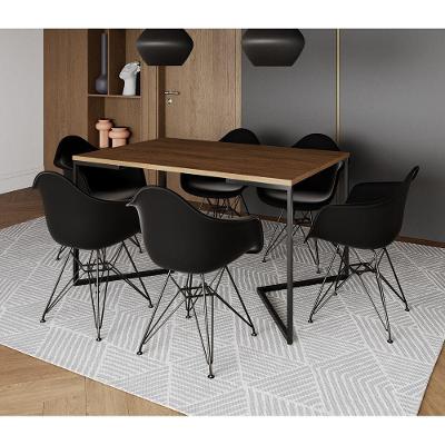 Mesa Jantar Industrial Retangular Amêndoa 137X90Cm Base V C/6 Poltronas Pretas Ferro Cor: Amendoa