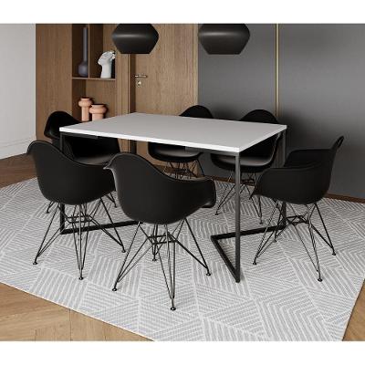Mesa Jantar Industrial Retangular Branca 137X90Cm Base V Com 6 Poltronas Pretas Ferro P Cor: Branco