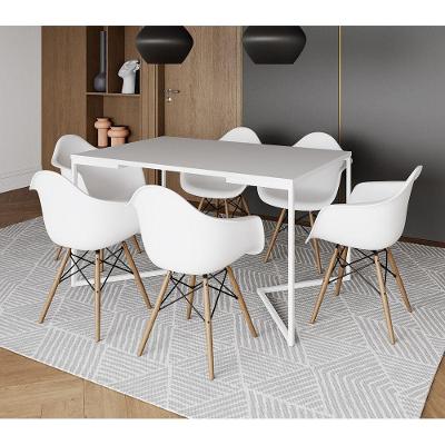 Mesa Jantar Industrial Retangular Branca 137X90Cm Base V Ferro Branco C/6 Poltronas Branca Branco