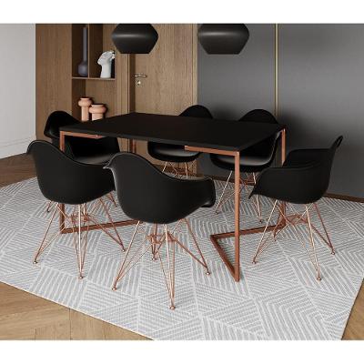 Mesa Jantar Industrial Retangular Preta 137X90Cm Base V Cobre Com 6 Poltronas Pretas Ba Cor: Preto
