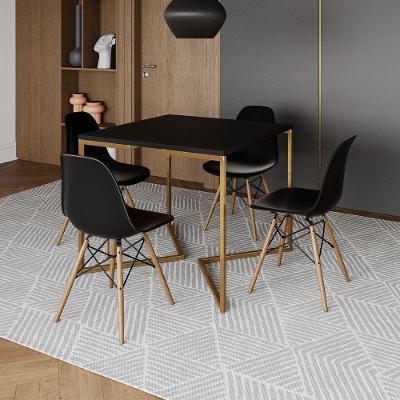 Mesa Jantar Industrial Quadrada 90Cm Preta Base V Dourada Com 4 Cadeiras Madeira Pretas Cor: Preto