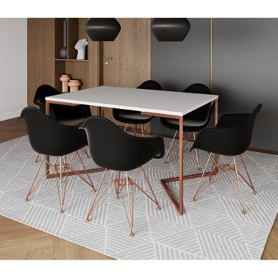 Mesa Jantar Industrial Retangular Branca 137X90Cm Base V Cobre Com 6 Poltronas Pretas B Cor: Branco