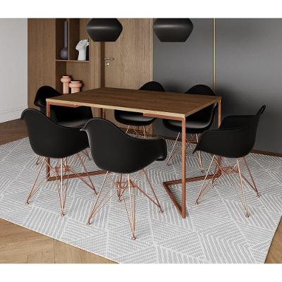 Mesa Jantar Industrial Retangular Amêndoa 137X90Cm Base V Cobre C/6 Poltronas Pretas Cor: Amendoa