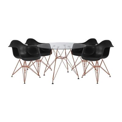 Conjunto Jantar Mesa Redonda Vidro 90Cm Com 4 Poltronas Pretas Ferro Cobre Cor: Preto