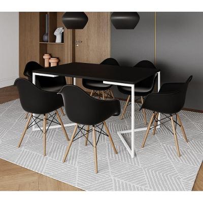 Mesa Jantar Industrial Retangular Preta 137X90Cm Base V Ferro Branco C/6 Poltronas Preta Mad Preto
