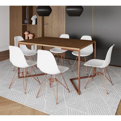 Mesa Jantar Industrial Retangular 137X90Cm Amêndoa Base V C/6 Cadeiras Brancas Base C Cor: Amendoa