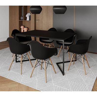 Mesa Jantar Industrial Preta Retangular 137X90Cm Base V Ferro Preto Com 6 Poltronas Pre Cor: Preto