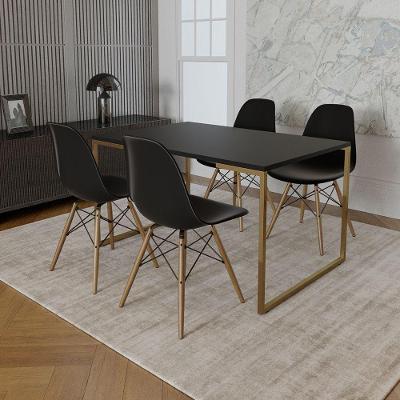 Mesa Jantar Industrial Retangular 137X90Cm Preta Base Dourada Com 4 Cadeiras Madeira Pr Cor: Preto