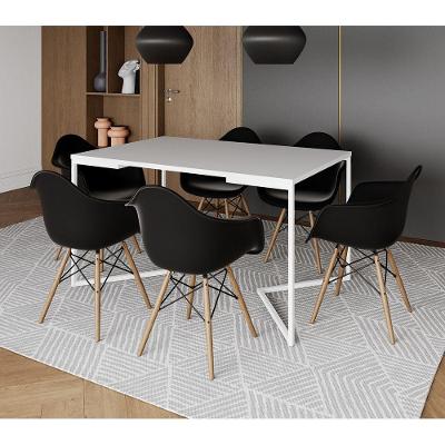 Mesa Jantar Industrial Retangular Branca 137X90Cm Base V Ferro Branco C/6 Poltronas Preta Ma Branco