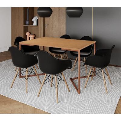 Mesa Industrial Retangular Jantar 137X90Cm Canela Base Cobre V Com 6 Poltronas Pretas M Cor: Canela