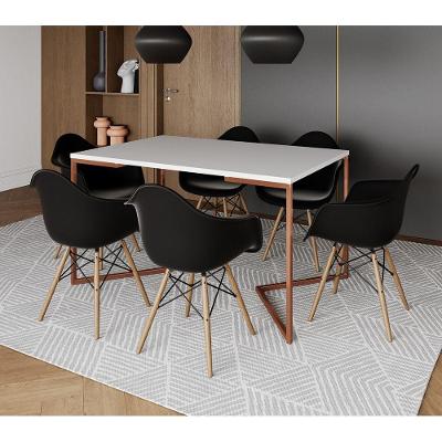 Mesa Industrial Retangular Jantar 137X90Cm Branca Base Cobre V Com 6 Poltronas Pretas M Cor: Branco