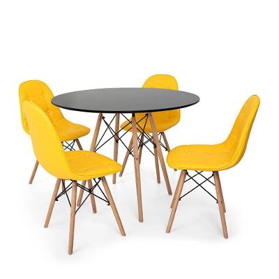 Conjunto Mesa Eiffel Preta 90cm 4 Cadeiras Amarela