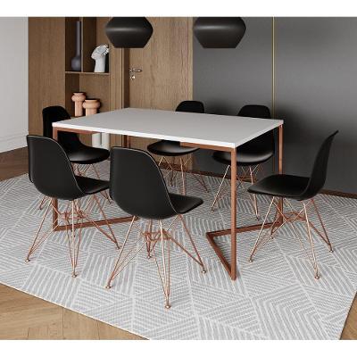 Mesa Jantar Industrial Retangular 137X90Cm Branca Base V Com 6 Cadeiras Pretas Base Cob Cor: Branco
