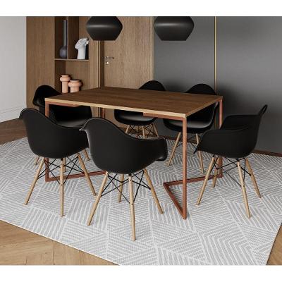 Mesa Industrial Retangular Jantar 137X90Cm Amêndoa Base Cobre V Com 6 Poltronas Pretas Cor: Amendoa