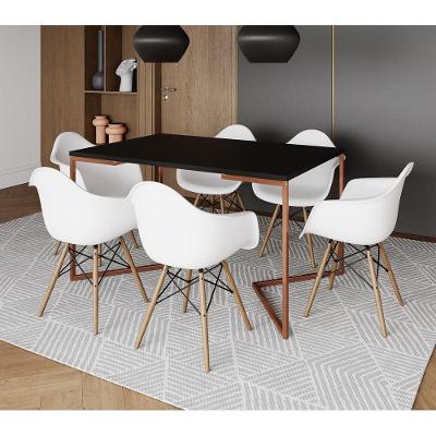 Mesa Industrial Retangular Jantar 137X90Cm Preta Base Cobre V Com 6 Poltronas Brancas M Cor: Preto