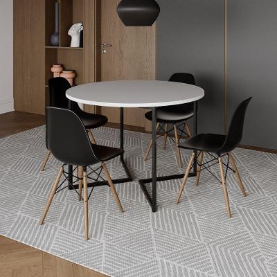 Mesa Jantar Industrial Redonda 110Cm Branca Base V Ferro Preto C/4 Cadeiras Preta Base Madei Branco