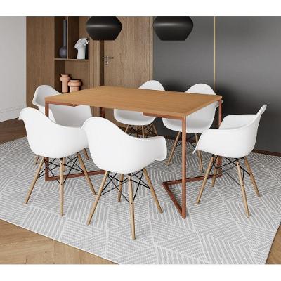 Mesa Industrial Retangular Jantar 137X90Cm Canela Base Cobre V Com 6 Poltronas Brancas Cor: Canela